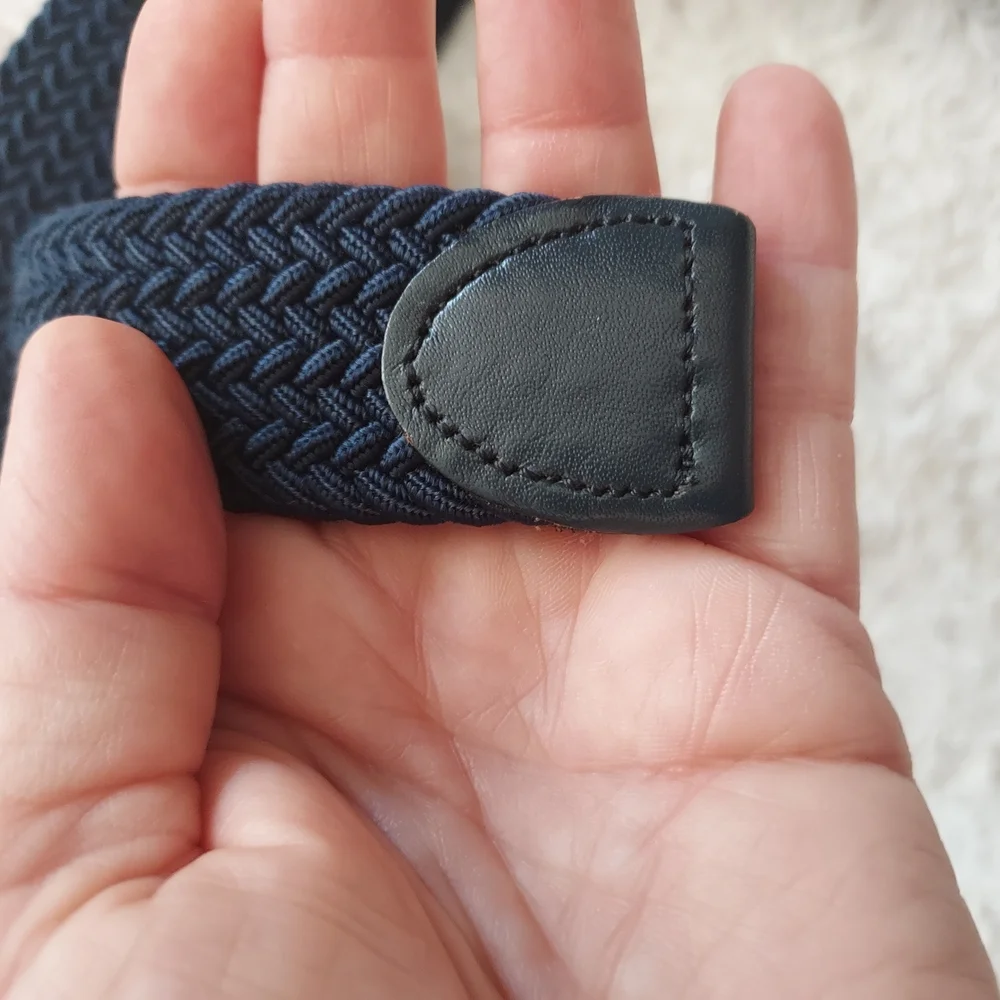 Men's Classic Casual Navy Woven Adjustable Stretch Belt Gold Buckle L 38-40